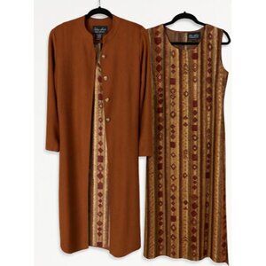 Terry Lewis Vintage 2-Piece Set M | Rust Long Coat  Tribal Print Dress